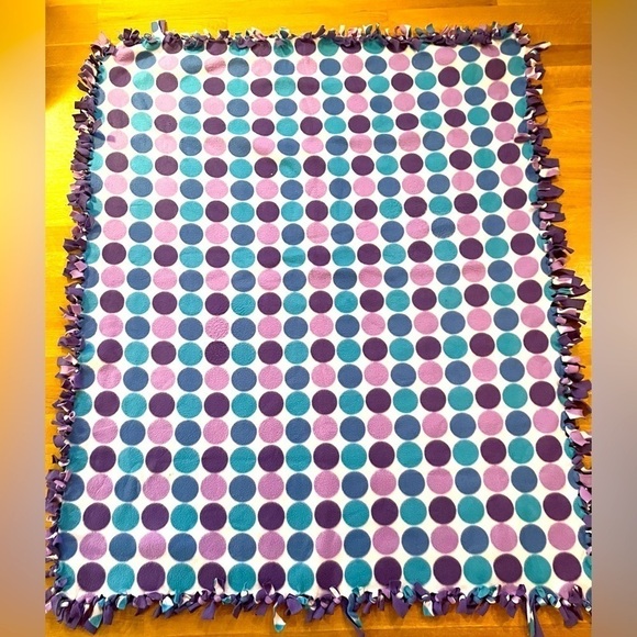 Fleece Tie Blanket Throw Purple Green Blue Circles handmade 64 x 52” kids pets - Picture 3 of 4